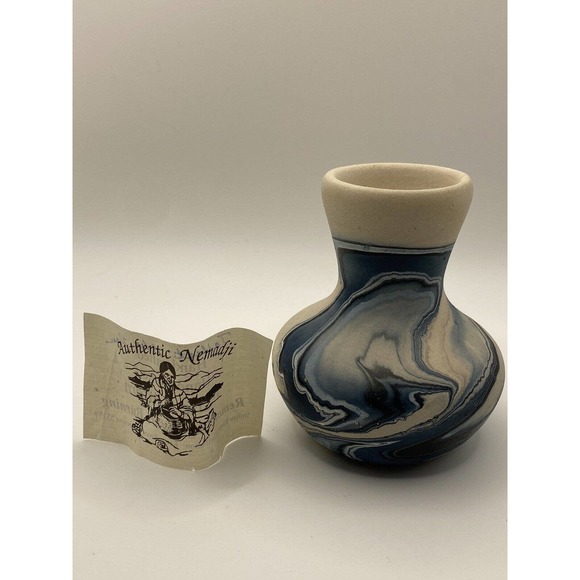 Nemadji Hand Painted Blue Swirl Clay Bud Vase Lantern - Picture 1 of 4